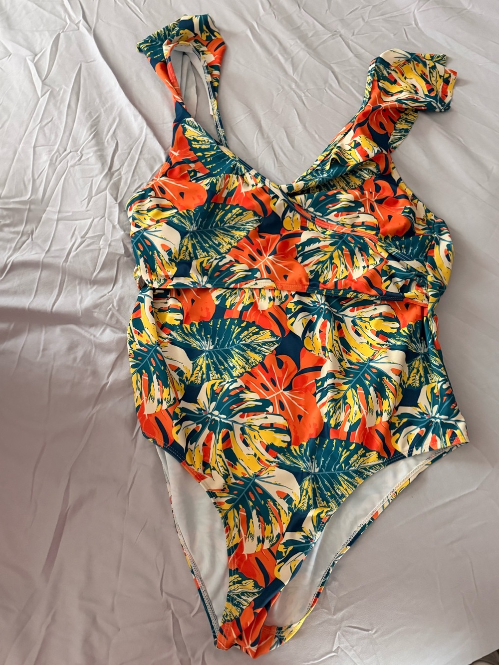 Tropical Leaf One-Piece Swimsuit — Orange, Teal & Yellow
